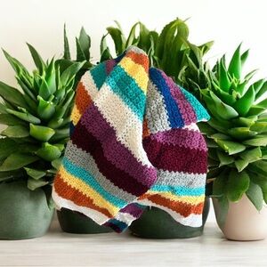 Handmade Baby Crochet Blanket Throw Square Multi Coloured Striped 43”x33”